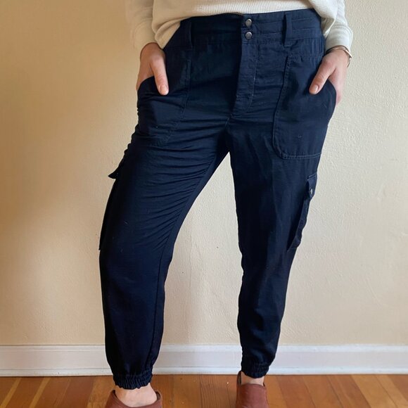 Anthropologie Elevenses Aubrey Dark Blue Satin Joggers - Picture 3 of 5